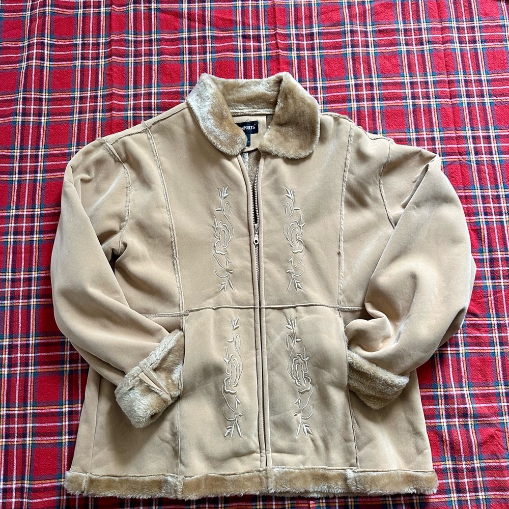 🦃 VINTAGE 90s/Y2K TAN FAUX FUR ZIP UP JACKET 🦃